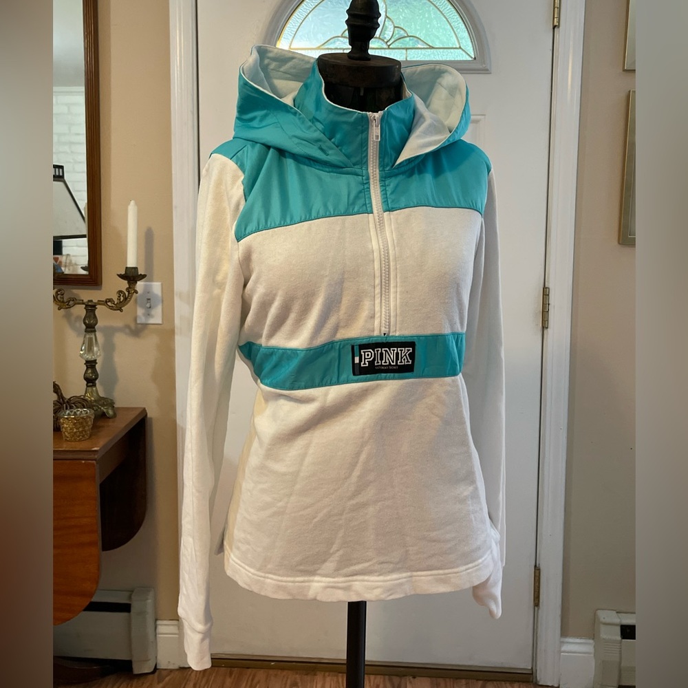 Victoria Secret Turquoise/White Hooded Pullover M Hooded Sweatshirt Wind Breaker